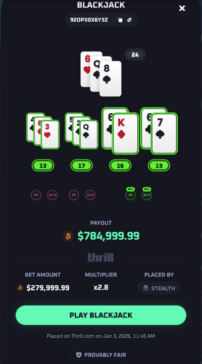 AyeZee Blackjack win on Thrill